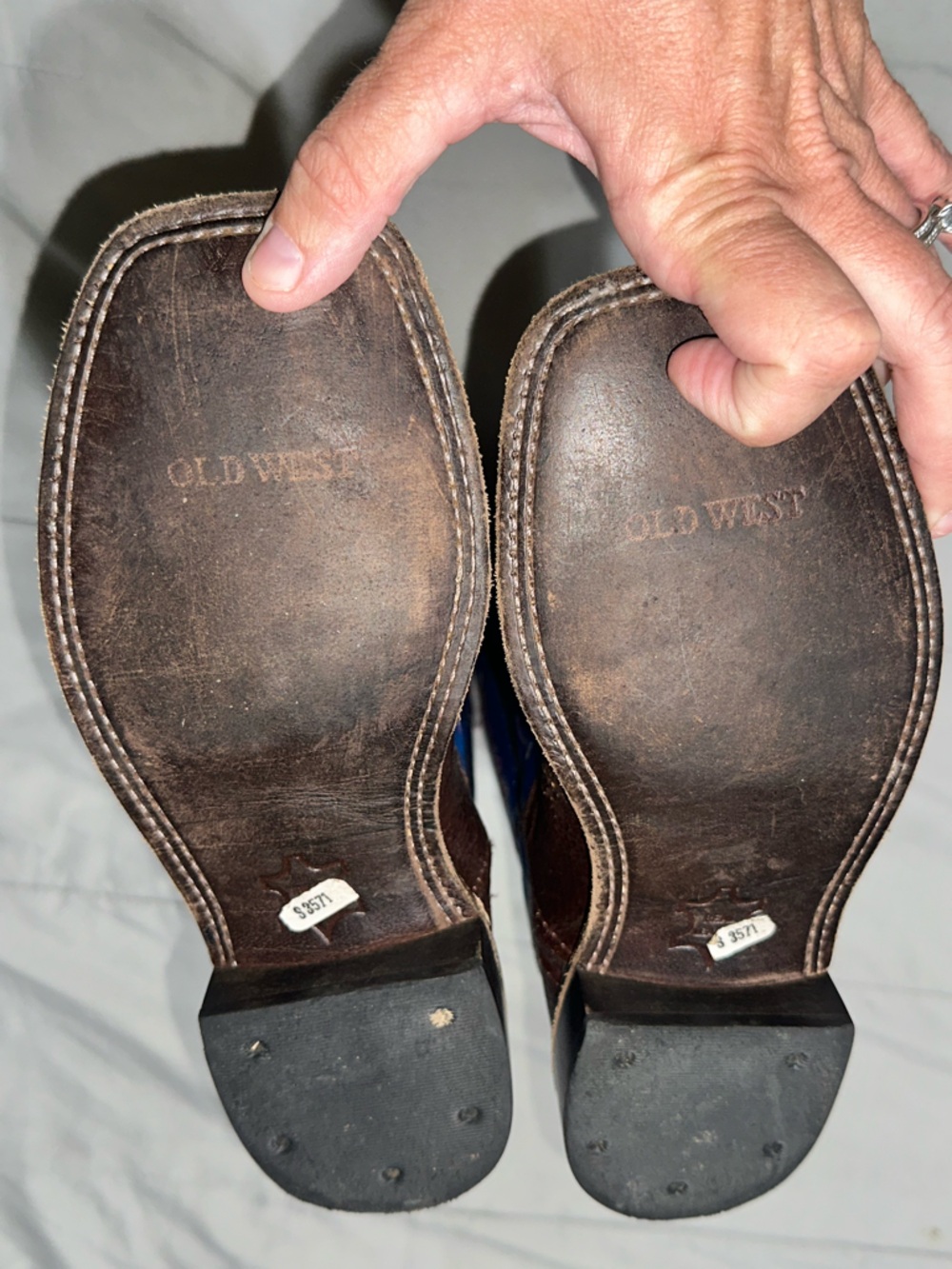 Old West Boys Big Kid Sz 5 Embroidered Cowboy Boots Western BrownBlue Square Toe - Picture 10 of 14